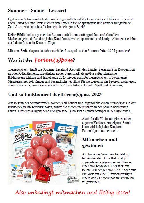 Flyer: Ferien(s)pass des Leselands Steiermark in der Bibliothek Riegersburg