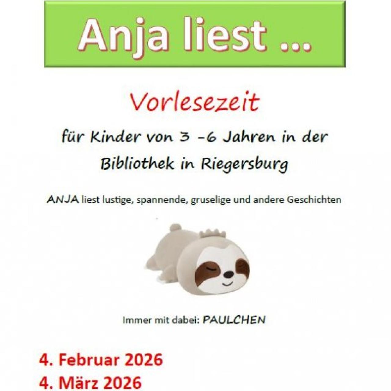Plakat: Anja liest Februar bis April 2026